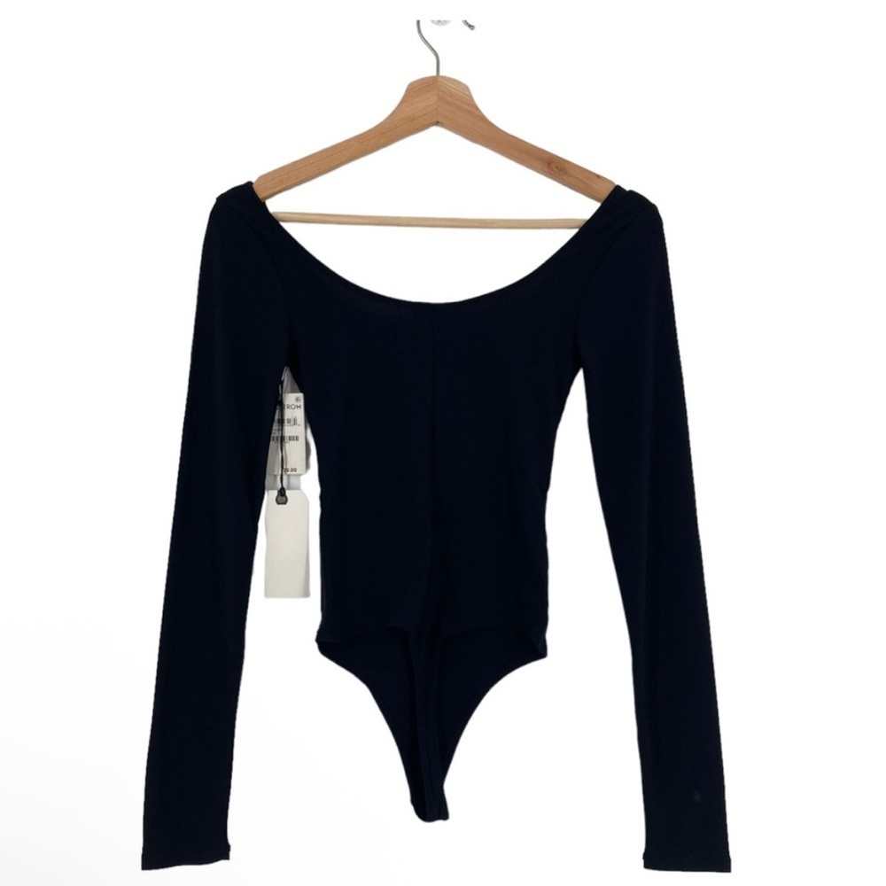 LEITH BLACK LONG SLEEVE DOUBLE SCOOP THONG BODYSUIT LONGSLEEVE size Small NWT - Picture 3 of 7